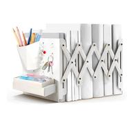 Adjustable Book Ends, Expandable Metal Bookends with Six Hooks A Pencil Holder and A Storage Box Heavy Duty Non-Skid Book Holder for Shelves Desktop Books Organizer Stand