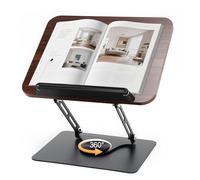 Adjustable Book Stand for Reading, Foldable Cookbook Holder with 360° Rotating Base and Elastic Page Clips, Lightweight for School Textbook, Recipe, Magazine, Music Scores, Laptop, Home and Office