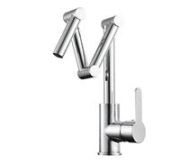 Adjustable Brass Kitchen Faucet with Three Extendable Arms, Single Handle Mixer for Hot & Cold Water, Chrome Finish, Space-Saving Design, Modern Kitchen Fixture.