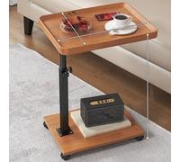 Adjustable C Shaped Couch Side Table with 360° Rotating Tray Small Snack Table on Wheels for Living Room & Bedroom Rectangular Log Design End Table