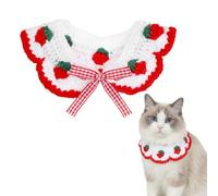 Adjustable Cat Collar with Strawberry Print, Breakaway Kitten Collar with Bow and Pearl, Soft Knitted Bandana for Kitty and Small Puppies, Pink
