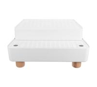 Adjustable Cat Litter Box Ramp Step with Filter Function and Grating | Detachable Washable Structure, White Plastic and Wood Build, for Clay and Tofu Litter on Light Tiles