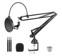 Adjustable Compact Mic Suspension Boom Scissor Arm Stand, Microphone Arm Desk Mount with Pop Filter & Desk Clamp, Dual-Layer Pop Filter, 3/8" to 5/8" Adapter, for Blue Yeti, HyperX, Fifine, Black