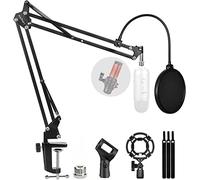 Adjustable Desktop Microphone Stand with Condenser Microphones Holder Suspension Mic Boom Scissor Arm Stands with Windscreen Mic Pop Filter Shock Mount for Radio Broadcasting Studio and Recording