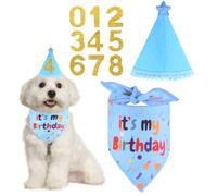 Adjustable Dog Bandanas Set with Glitter Numbers and Party Supplies - Boy & Girl Dog & Cat Birthday Party Hats for Small, Medium & Large Pets - Blue