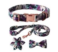 Adjustable Dog Collar+Leash+Necktie Set Floral Pattern Wonderful for Daily Walks and Outdoor Adventures
