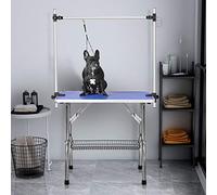 Adjustable Dog Grooming Table 117x60x76 cm Foldable Pet Grooming Stat with Adjustable Arm Rubber Mat Leash & Mesh Support Blue