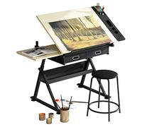 Adjustable Drafting & Craft Table with Stool - Easel Design Metal Legs Wooden Top for Art & Painting Perfect for Artists & Crafters 2-Drawing Table