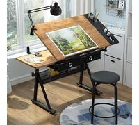 Adjustable Drafting Table with Stool - Bamboo/Solid Wood Art Desk for Designers Architects & Students Versatile Drawing & Crafting Workspace