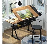 Adjustable Drawing Desk with Stool - Bamboo Art Drafting Table with Storage & Drawers for Drawing Painting Work Study - Ideal for Artists & Students