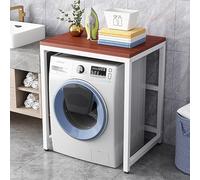 Adjustable Drum Washing Machine Storage Rack - Space-Saving Shelf Unit for Small Kitchen or Bathroom, Freestanding Over Organizer with Non-Slip Feet(White Frame+Brown Panel)