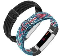 Adjustable Elastic Nylon Bands Compatible with Fitbit Alta and Alta HR Fitness Tracker, 2 Pack Braided Stretchy Wristband Accessory Bracelet Watch Strap Sport Replacement Band for Women Men (Emerald