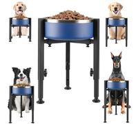 Adjustable Elevated Dog Bowl Stand, Single Raised Feeder With Stainless Steel Bowl, Blue Metal Frame Holder For Medium To Large Breeds