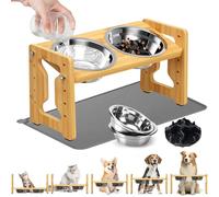 Adjustable Elevated Dog Bowls Raised Dog Bowl Non-Slip Dog Feeder Natural Bamboo Stand with 2 Stainless Steel Dog Food Bowls &1 Slow Feeder Dog Bowls & 1 Silicone Mat