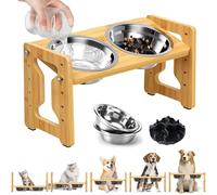 Adjustable Elevated Dog Bowls Raised Dog Bowl Non-Slip Dog Feeder Natural Bamboo Stand with 2 Stainless Steel Dog Food Bowls &1 Slow Feeder Dog Bowls