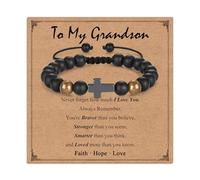 Adjustable Faith Cross Bracelet Gifts for Boys, Black Natural Stone Bead Bracelet, Birthday Graduation Valentines Back to School Christmas Christian Gift for Son Grandson Nephew Brother, Adjustable