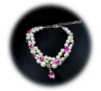 Adjustable Fancy Pearl Cat Chain Collar with Heart Gem Pendant, Beaded Necklace for Girl Cats, Kittens & Small Dogs (Rose Red, L(9.84+7.87in))