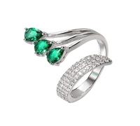 Adjustable Fashion Three-Stone Statement Ring for Her Teardrop CZ Cubic Zirconia Green Emerald Expandable Open Rings Wedding Bridal Costume Jewelry（Silver）