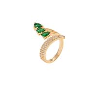 Adjustable Fashion Three-Stone Statement Ring for Her Teardrop CZ Cubic Zirconia Green Emerald Expandable Open Rings Wedding Bridal Costume Jewelry（Golden）