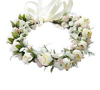 Adjustable Floral Crown Headband for Bride, Flower Girl, Bridesmaid - Boho Wedding Hair Wreath with Ribbon, Reusable Flower Garland Halo for Maternity Photo, Party, Festival, Ivory Pink