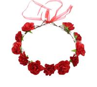 Adjustable Flower Headband Bridal Floral Crown Wreath Boho Flower Hair Garland Wedding Floral Headpiece Summer Beach Hair Wreath with Ribbon for Women Girls Red