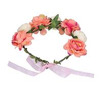 Adjustable Flower Wreath Headband with Ribbon Coral Beige | Artificial Floral Garland Headpiece for Women | Floral Crown Hair Accessory for Weddings & Parties (Coral beige)