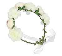 Adjustable Flower Wreath Headband with Ribbon Coral Beige | Artificial Floral Garland Headpiece for Women | Floral Crown Hair Accessory for Weddings & Parties (White)