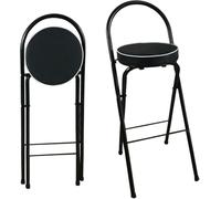 Adjustable Folding Bar Stool with Backrest and Footrest - Round Padded Seat for Kitchen - Height 65/70/75 cm - Black - 26 Inch Breakfast Chair