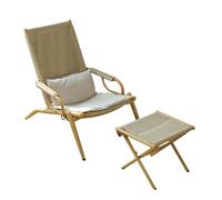 Adjustable Folding Rattan Lounge Chair - Comfortable Outdoor Recliner with Footrest & Lumbar Pillow for Garden Porch Courtyard - Beige Large Perfect for Relaxation