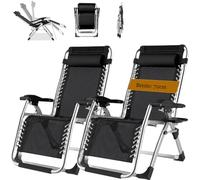 Adjustable Folding Sun Lounger Chair with Cup Holder 2Pack Garden Recliner for Balcony & Living Room Lightweight Portable Relaxing Lounge Chair Set (Black)