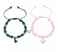 Adjustable Friendship Bracelets Set with Charm Beads and Heart Connector - Matching Pink and Green Beaded Bracelets for Teens, Girls, Kids, Adjustable Sliding Knots for Perfect Fit, Ideal Party