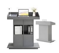 Adjustable Gray Wooden Podium Stand with Storage Shelves & Drawer - Easy-to-Clean Lectern for Churches Classrooms & Conferences - 31.5in Teaching & Presentation Pulpit for Public Speaking