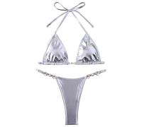 Adjustable Halter Neck Back Tie Up Bikini Set for Women Metallic 2 Piece Bathing Suit Low Waist Thong Swimsuit Set Silver L
