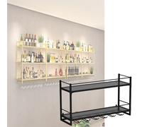 Adjustable Hanging Bar Wine Glass Rack Rustic Ceiling Glass Storage Rack for Different Types of Goblets,LED Light Wall Mounted Wine Rack with Hanging Glass Rack - Floating Bar Shelf for Home