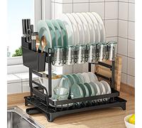 Adjustable Hanging Bar Wine Glass Rack Rustic Ceiling Glass Storage Rack for Different Types of Goblets,Dish Drying Rack with Drainboard Set - 2 Tier Kitchen Dish Draining Rack for Counterto