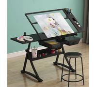 Adjustable Height Art Desk with Stool & Side Tray Drafting Table for Artists Home Office Study Black - Ideal for Creative Projects & Workspace