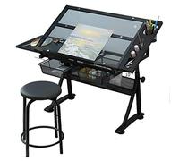 Adjustable Height Drawing Table with Storage - Tilting Art Desk Glass Board Craft Table for Work and Study Perfect for Artists and Crafters