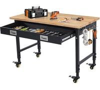 Adjustable Height Heavy Duty Workbench - 48"x24" Rubber Wood Top - 2000 lbs Capacity - Mobile Tool Storage with Drawer, Power Outlets, Lockable Wheels - Ideal for Garage, Workshop - Black