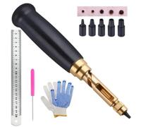 Adjustable Japanese Screw Punch with 6 Interchangeable Tips 4/3.5/3/2.5/2/1.5mm for Leather Paper Crafting, Brass Metal Construction with Wooden Handle, Includes Storage Box Ruler Needle