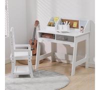 Adjustable Kids Study Desk and Chair Set - Wooden Table with Hutch, Drawers, Cork Board, Pen Holders - Ergonomic Homework Children Ages 3-8 - White
