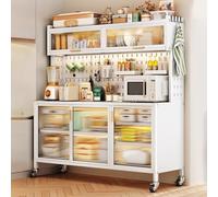 Adjustable Kitchen Bakers Rack with Cabinets 3+2 Storage Compartments Coffee Nook 360° Rolling Casters Versatile Length Options 102/122/142cm for SpaceSaving Solutions