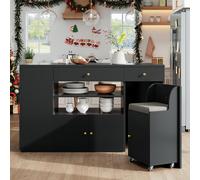 Adjustable Kitchen Island with 2 Stools, 6-Drawer and Generous worktop, Versatile Sideboard with Open Shelves, 140L x 40W x 89H cm, Black Aosom UK