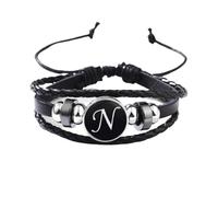 Adjustable Leather Bracelet Men Initial A-Z Gemstone Wristband Black Handmade Mens Jewellery With Pouch Teen Boy Gifts For Graduation
