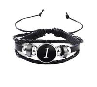 Adjustable Leather Bracelet Men Initial A-Z Gemstone Wristband Black Handmade Mens Jewellery With Pouch Teen Boy Gifts For Graduation