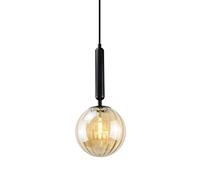 Adjustable LED Globe Pendant Light - Black Metal & Ribbed Glass Ball G9 Socket - Stylish Ceiling-Mounted Hanging Lamp for Dining Room Bedroom & Living Room (Amber)