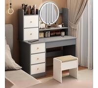 Adjustable LED Vanity Table with 3 Color Settings Spacious Makeup Desk & Storage Drawers Modern Dresser with Chair & Open ShelvesGrey & Chrome Finish