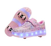 Adjustable Light-Up Wheel Sneakers,Children's Wheeled Sports Shoes,Led Rechargeable Trainer Roller Skates Shoes,Versatile,for Family Outings,Neighborhood Play Pink