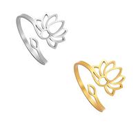 Adjustable Lotus Flower Rings for Women Om Yoga Flower Promise rings Cutout Plain Lotus Flower Ring Resizable Lotus Ring Inspirational Jewelry Gift for Women Teens Girls (sliver-3+gold-3)