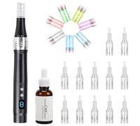Adjustable Microneedling Dermapen Derma Pen 0-2.5 mm, Microneedling Pen, Derma Roller, and 30 ml Vitamin C Serum, Serum with 20% Vitamin C (Includes 12 Heads Cartridges)