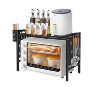 Adjustable Microwave Oven Rack 2-Tier Kitchen Storage Shelf with 6 Hooks Space-Saving for Microwave and Kitchen Utens Black